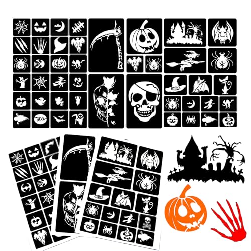 XMASIR 45Pcs Halloween Glitter Tattoo Schablone Kit für Kinder Party Dekoration Chlidren Zeichnung Vorlagen Temporäre Tattoo Sitcker Set (3 Blätter) von XMASIR