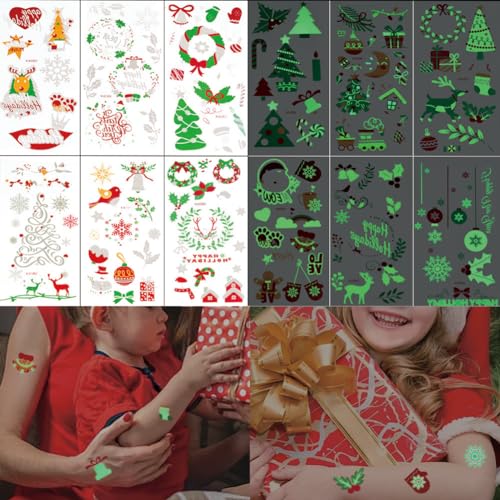 XMASIR 12 Blätter Weihnachten Tattoo Kinder, 150 Stücke Leuchtendes Temporary Tattoos Aufkleber Wasserdicht Glitzer Temporäre Tattoos Kindertattoos für Jungen und Mädchen von XMASIR