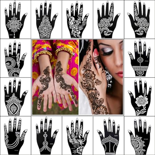 XMASIR 14 Blatt Henna Tattoo Schablone Set Temporäre Tattoos Indischer Arabischer Tattoo Schablonen Wiederverwendbar Aufkleber für Frauen Mädchen Hände Finger Körper von XMASIR