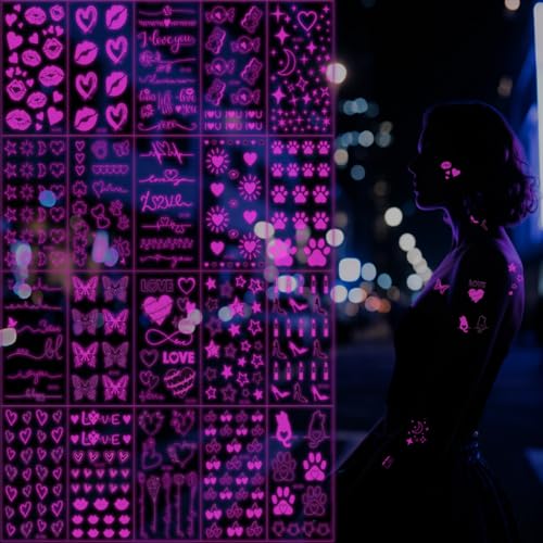 Xmasir UV Neon temporäre Tätowierung 387 Pcs rosa Nachtlicht Tätowierung Aufkleber mit falschen Herzformen wasserdicht Tätowierung für Mädchen und Frauen Körper Gesicht Kunst Halloween-Party (20P) von XMASIR
