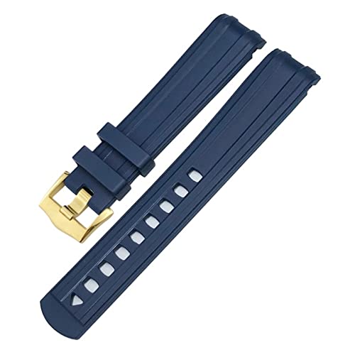 XMKT 19mm 20mm 21mm Fluorkautschuk-Uhrenarmband mit gebogenem Ende, passend für Omega Speedmaster Moon Watch, für Seamaster 300 AT150, weiches Armband(Blue Gold Buckle) von XMKT