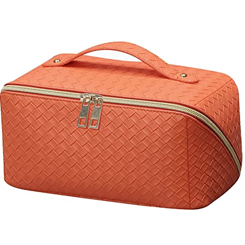 XMOSNZ Reise-Kosmetiktasche für Frauen, tragbar, Leder, wasserabweisend, mit Griff und Trennwand, Flache Karierte Kosmetiktaschen, Orange/Abendrot im Zickzackmuster (Sunset Chevron), PU-Leder von XMOSNZ