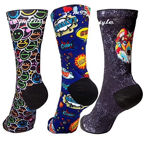 XMTBSTYLE Sportsocken für Herren, Damen, für Crossfit, Radfahren, MTB, Laufen, Fitnessstudio, Gym, Wandern, Padel, lustig, lang, atmungsaktiv., Emoji, Comic, Wolf, 37-41 von XMTBSTYLE