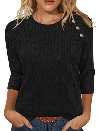 XMTOPYE Damen-Pullover, modisch, 3/4-Ärmel, Rundhalsausschnitt, Knopf, Hemd, lässiger Pullover, süße Winterkleidung, Schwarz, Mittel XMTOPYE Damen-Pullover, modisch, 3/4-Ärmel, Rundhalsausschnitt, Knopf, Hemd, lässiger Pullover, süße Winterkleidung, Schwarz, Mittel von XMTOPYE