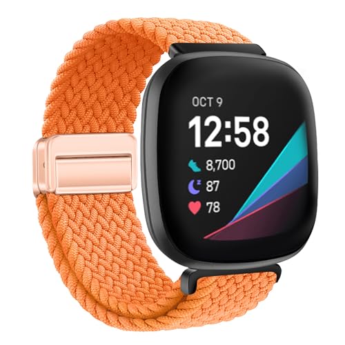 XMUXI Geflochtene Uhrenarmband Kompatibel mit Fitbit Sense 2/Sense/Fitbit Versa 4/Versa 3 Armband Damen Herren, Magnet Nylon Elastisches Ersatzarmband for Fitbit Armband, Orange von XMUXI