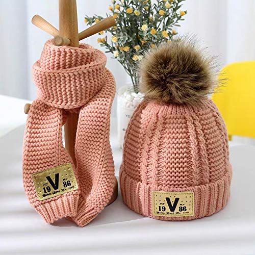 XMYNB Kinder Wintermütze Kinder Mütze Und Schal Set Jungen Und Mädchen Schönen Dicken Stil Herbst Winter Warm Stricken Wollmütze Und Halstuch,Rosa,2-12 Jahre von XMYNB
