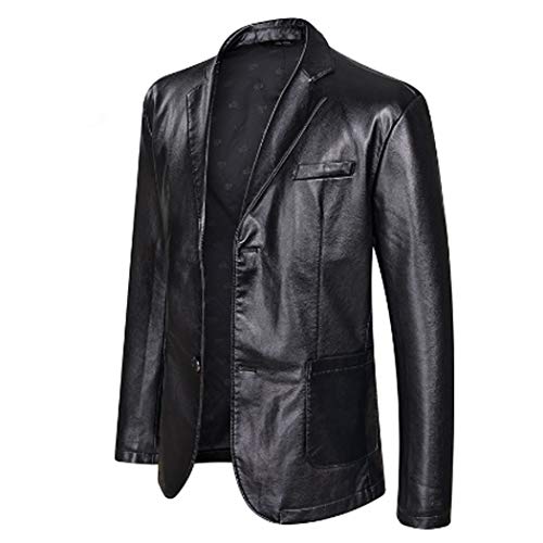 Herren Lederjacke Frühling und Herbst Winter Blazer Revers PU Kunstleder Anzug Mäntel Motorradjacke Knopf Smart Casual Biker Style Jacke,Schwarz,XL von XMZFQ