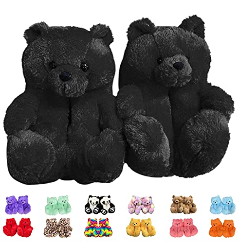 Braun Teddybär Cartoon Hausschuhe für Damen und Mädchen Home Indoor Winterschuhe Weiche Niedliche Warme Antirutsch Kunstpelz Slippers, Ein schwarzer Teddybär, Einheitsgröße von XMiniLife