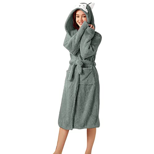 Damen-Doppeltaschen-3D-Ohr-Kapuzen-Flanell-Bademantel Weicher und Warmer doppelseitiger Samt-Bademantel-Pyjama und Heimkleidung Pudel Ohrringe (Green #1, XXL) von XNBZW