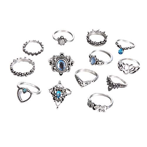 Ringe Frauen Blaues Stück Gelenk 13 Ring Zirkon Trend Retro Silber Metall Set Modeschmuck Ringe (Silver, One Size) von XNBZW