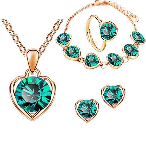 Stellen Sie Kristallarmband-Stück-Herz-Vier Halsketten-Ohrring-Ring-Modeschmuck-Sets EIN Schmuckdose Für Mädchen (Green, One Size) von XNBZW