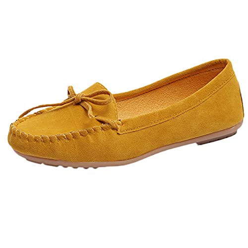 XNBZW Loafers Mokassins für Damen Freizeit Damenschuhe Round Toe Wildleder Slip-On Flache Single Schuhe 42 Gelb von XNBZW