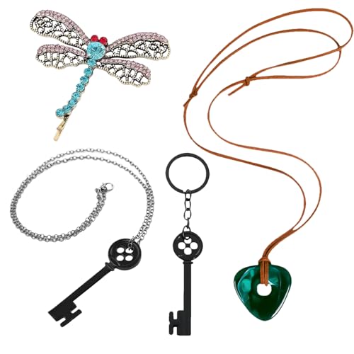XNFUOE Schlüssel-Halskette, Schlüsselanhänger, Libelle, Haarspange, grüner Stein, Halskette für Halloween, Kostüm, Cosplay, Film-Requisiten, 4 Stück XNFUOE Schlüssel-Halskette, Schlüsselanhänger, Libelle, Haarspange, grüner Stein, Halskette für Halloween, Kostüm, Cosplay, Film-Requisiten, 4 Stück von XNFUOE