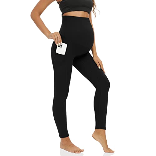 XNHAN Dicke Umstandsleggings über dem Bauch mit Taschen, volle Länge, Schwangerschafts-Yogahose, weiche Activewear, S-XXL, Schwarz, S von XNHAN