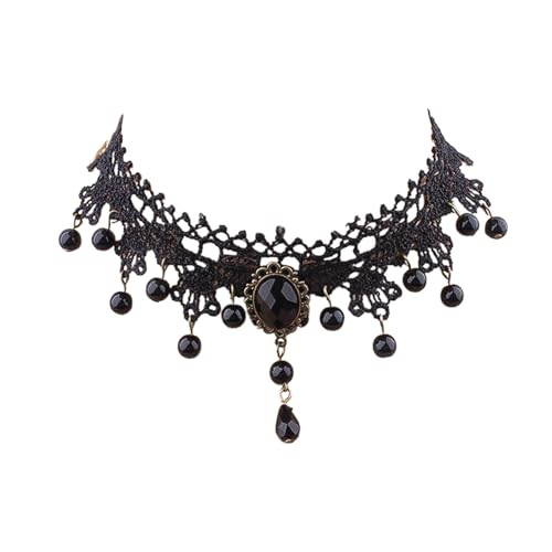 XNHIU Schwarz Retro Choker Gothic Spitze Choker Halskette Tattoo Spitze Halsband Strass Halskette Choker Wassertropfen Form Halsketten für Cosplay Party von XNHIU