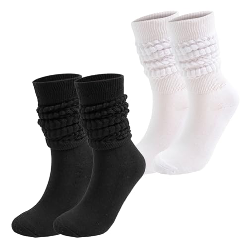 XNIVUIS 2 Paar Schwarz Weiße Slouch Socken Damen,Kniestrümpfe,Stiefelsocken,Lange Socken,Hohe Socken,Extra Lange Scrunch Kniestrümpfe,Stricksocken,Winterstiefelsocken für Frauen (Schwarz Weiß) von XNIVUIS