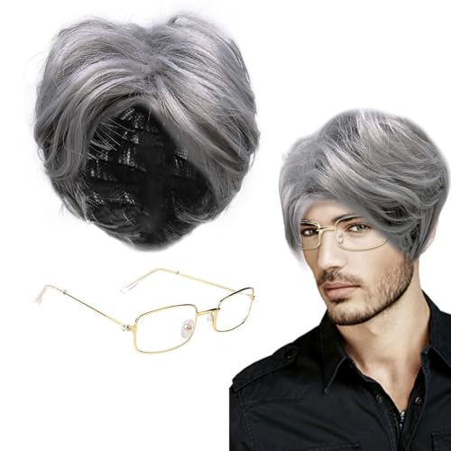 XNIVUIS 2 Stück Alter Mann Perücke mit Brille Hellgraue Perücke Herren Perücke Kurz Perücke Opa Perücke Party Perücke Cosplay Perücke Opa Zubehör für Halloween Karneval Party Auftritt(Set C) von XNIVUIS