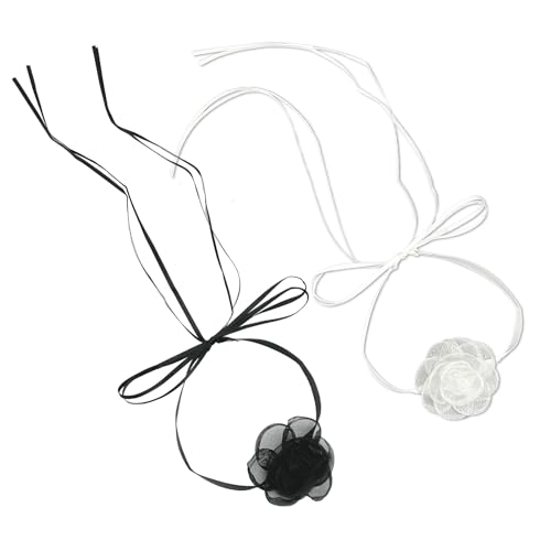 XNIVUIS 2 Stück Blumen Choker Halskette Vintage Choker Halsband Blumen Blumen Halskette Halskette mit Spitzen-Blumen-Halskette Kamelien Anhänger für Frauen Mädchen, Braut Hochzeit (Schwarz, Weiss) von XNIVUIS