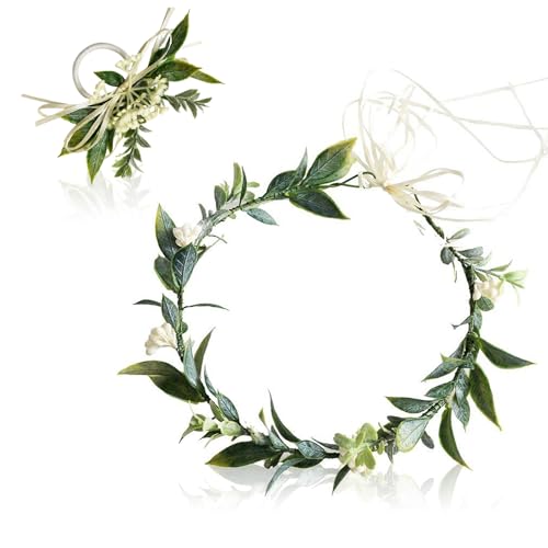 XNIVUIS 2 Stück Blumenkrone und Blumen am Handgelenk Blumenkrone für Mädchen Boho Kronengirlande Künstliche Blumenkrone Brautstirnbänder Blumenstirnband Verstellbares Blumenkronen Set(2 Stück) von XNIVUIS