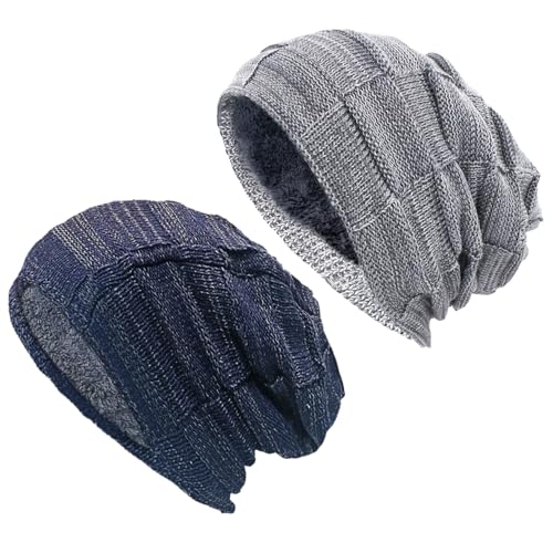 XNIVUIS 2 Stück Dick gestrickte Mütze,Winter Warme Mützen Stricken Slouchy Thick Skull Cap,Herbst und Winter Strickmütze,Beanie,Winter Mützen für Skifahren Motorradfahren Outdoor Sport(Grau Blau) von XNIVUIS