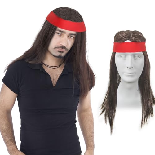 XNIVUIS 2 Stück Hippie Kostüm Set Hippie Herren Perücke und Rotes Stirnband Braune Perücke Rock Perücke Hippie Perücke 70er Jahre Disco Stil 60er Perücke 80er Jahre Kostüm 80er Jahre Zubehör (2 Stück) von XNIVUIS