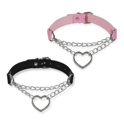 XNIVUIS 2 Stück Punk Herz Choker, Schwarz Choker Gothic, Halsband Gothic Leder Halsreif Erstellbare Kragen Halskette Collier Kette schwarz Damen, für Damen Mädchen Cosplay Party (Schwarz, Rosa) von XNIVUIS