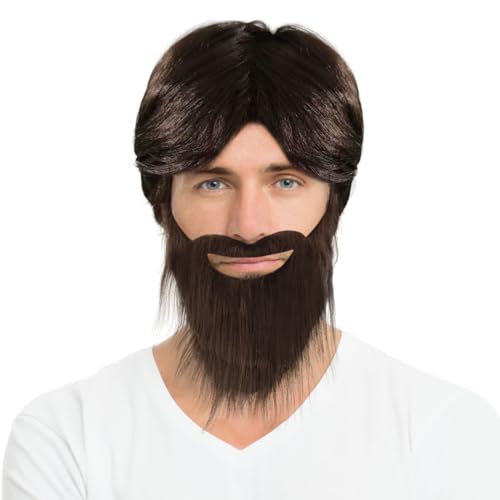 XNIVUIS 2 Stücke Herren Perücke mit Bart Kater Perücke Braune Perücke Bärte Partyperücke Disco Perücke Elvis Perücke Kurze Perücke Männer 60er 70er 80er Kostüm Zubehör für Karneval Party(Braun) von XNIVUIS