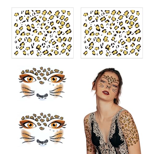 XNIVUIS 4 Stück Face Art Sticker Leopard,Gesichtstattoo,Leopard Schminke, Gesichtstattoo Leopard,Gesicht Aufkleber,Klebetattoos Temporäre Tattoos,für Halloween Motto Partys Karneval(Braun) von XNIVUIS