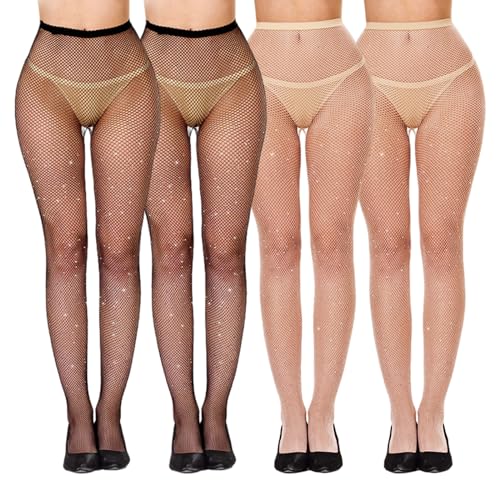 XNIVUIS 4Paar Glitzer Strumpfhose für Damen, Glitzerstrumpfhosen mit Strasssteinen,Diamant Netzstrümpfe für Partys, Abschlussbälle, Rollenspiele, Halloween (Acryl, Schwarz Hautfarbe) von XNIVUIS