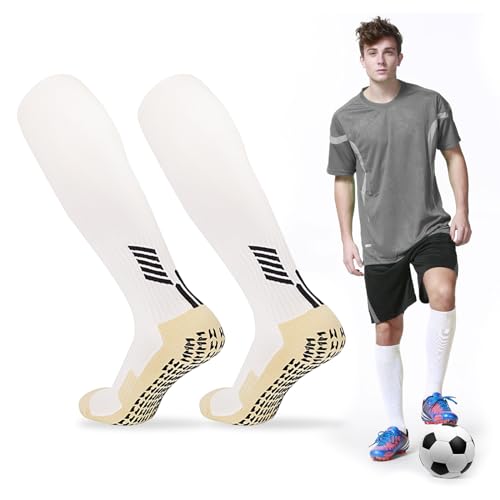 XNIVUIS Fußballsocken für Herren Damen, Lange Fußballsocken, Kniehohe Grip-Socken, Rutschfeste Sport-Fußballsocken, Sportsocken Trainingssocke, Einheitsgröße, für Fußball Basketball (Baumwolle, Weiß) von XNIVUIS