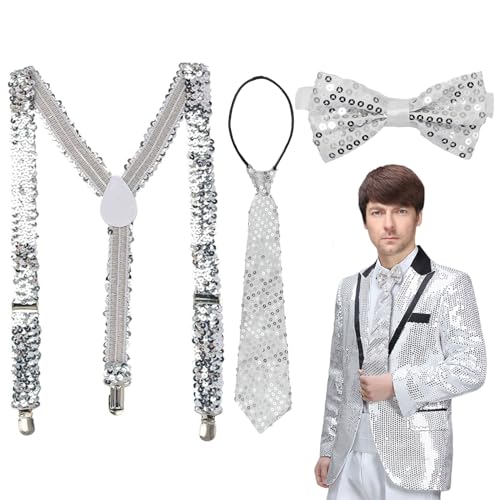 XNIVUIS Herren Pailletten-Hosenträger-Set Y Clip Hosenträger mit Pailletten mit Schleife, Hosenträge, Kostüm Accessories für Karneval Mottoparty JGA Herren Damen Kostüm Zubehör (Silber) von XNIVUIS