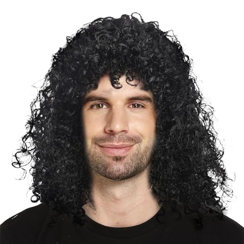 XNIVUIS Herren Perücken Rock Perücken Vokuhila Perücken Damen Perücken Schwarze Perücken Afrikanische Perücken 60er 70er 80er Hippie Perücken für Partys Musikfestivals Karneval Halloween(Schwarz) von XNIVUIS