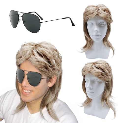 XNIVUIS Herren Vokuhila Perücke, Männer Blonde Vokuhila 80er Mullet Perücke, Lang Synthetische Haare Perücke Cosplay Halloween Kostüm Party, 70er 80er Cosplay Kostüm Halloween Perücke (2 Pcs) von XNIVUIS