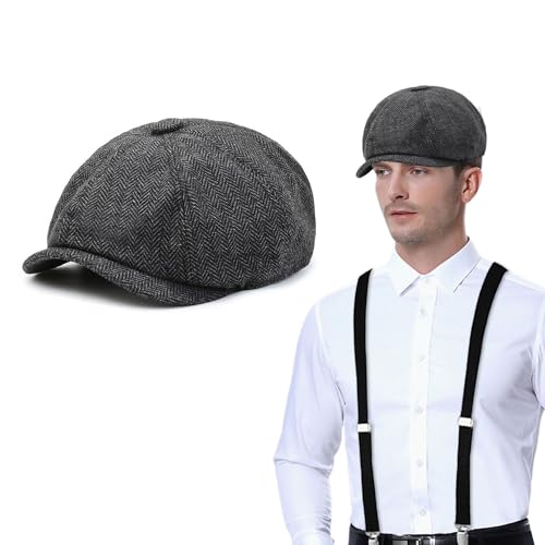 XNIVUIS Newsboy Cap, Schiebermütze, Baker Boy Hat, Flat Caps, Peaky Fischgräten Tweed Retro, Barett Cap, Tellermütze Schirmmütze Herren, Schiebermütze Gatsby Cap Flat Hut, Einheitsgröße (Schwarz) von XNIVUIS