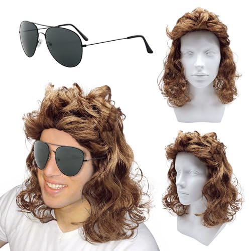 XNIVUIS Perücke Männer Hellbraun Vokuhila 80er Mullet Perücke, Perücke 80er 90er Jahre Outfit Accessoires Herren, Männer Karneval Fasching Perücke Faschingskostüme Halloween Party Kostüme (2 Pcs) von XNIVUIS