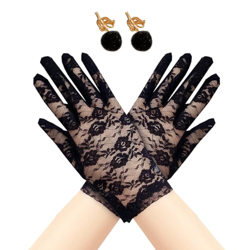 XNIVUIS Schwarze Spitzenhandschuhe für Mädchen, Kinder Blumenmädchen Handschuhe Mit Ohrclips, Halloween Kurze Handschuhe für Cosplay Party Kostümzubehör (Black) von XNIVUIS