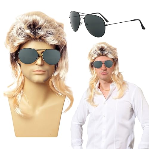 XNIVUIS Vokuhila Perücke 80er 90er Jahre Outfit Accessoires Herren, Männer Blonde Vokuhila 80er Mullet Perücke, 70er 80er Kostüm Herren Vokuhila Perücke Für Fasching Karneval Party Cosplay von XNIVUIS