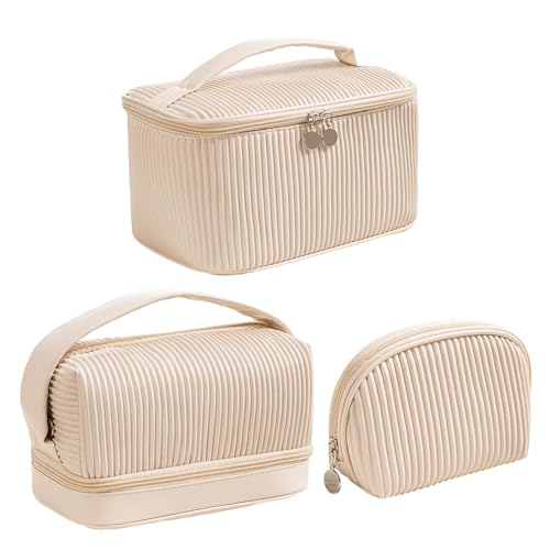 3 Stück Tragbare Schminktasche, wasserdichte Make Up Tasche Kosmetiktasche Kulturbeutel, Multifunktions Reise Kosmetiktasche Waschtasche Für Damen Und Mädchen (Beige) von XNSHUN
