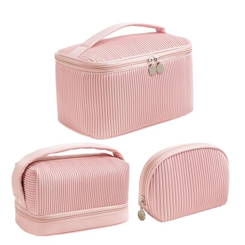 3 Stück Tragbare Schminktasche, wasserdichte Make Up Tasche Kosmetiktasche Kulturbeutel, Multifunktions Reise Kosmetiktasche Waschtasche Für Damen Und Mädchen (Rosa) von XNSHUN