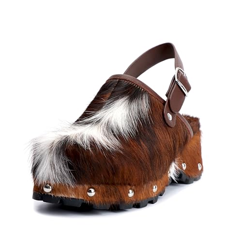 XOBZJH Damen Luxus Naturrindhaar Plateau Clogs - Western Retro Slip-On Pantoletten mit Reißverschluss und verstellbarem Schnallenriemen - Handgefertigte rustikale Kuhknochenrücken-Haarschuhe mit von XOBZJH