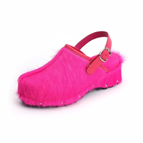 XOBZJH Damen Luxus Naturrindhaar Plateau Clogs - Western Retro Slip-On Pantoletten mit Reißverschluss und verstellbarem Schnallenriemen - Handgefertigte rustikale Kuhknochenrücken-Haarschuhe mit von XOBZJH