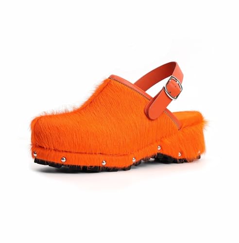 XOBZJH Damen Luxus Naturrindhaar Plateau Clogs - Western Retro Slip-On Pantoletten mit Reißverschluss und verstellbarem Schnallenriemen - Handgefertigte rustikale Kuhknochenrücken-Haarschuhe mit von XOBZJH