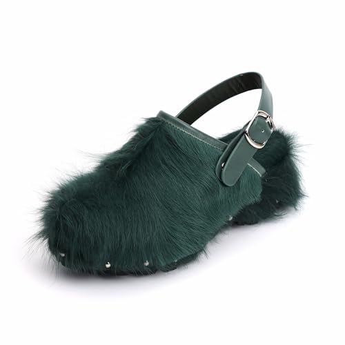 XOBZJH Damen Luxus Naturrindhaar Plateau Clogs - Western Retro Slip-On Pantoletten mit Reißverschluss und verstellbarem Schnallenriemen - Handgefertigte rustikale Kuhknochenrücken-Haarschuhe mit von XOBZJH