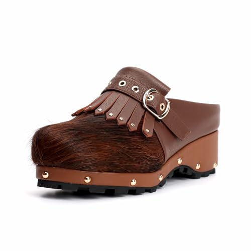 XOBZJH Damen Rindsleder Plateau Clogs - Kalbshaar & Leder Patchwork Pantoletten mit Nieten Fußgewölbeunterstützung Memory Foam Einlegesohle Chunky Western Pantoletten für ganztägigen Komfort, Braun von XOBZJH