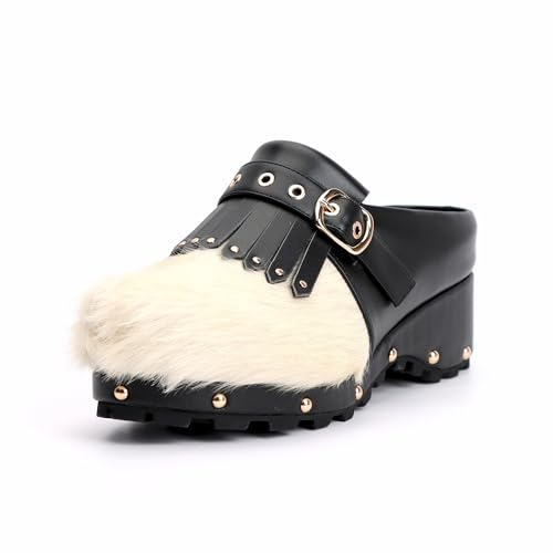 XOBZJH Damen Rindsleder Plateau Clogs - Kalbshaar & Leder Patchwork Pantoletten mit Nieten Fußgewölbeunterstützung Memory Foam Einlegesohle Chunky Western Pantoletten für ganztägigen Komfort, Schwarz von XOBZJH
