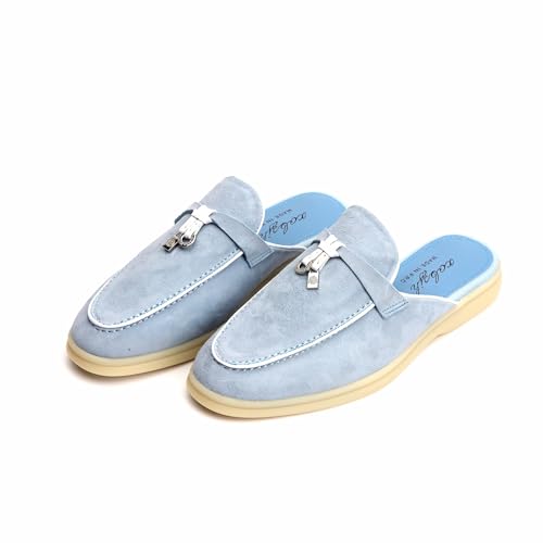 XOBZJH Designer Damen-Pantoletten mit flachem Absatz, Veloursleder, flache Schuhe mit Quasten-Detail, bequeme Slip-On-Slipper, rückenfrei, Freizeit- und Arbeitsschuhe, dusty blue, 37.5 EU von XOBZJH