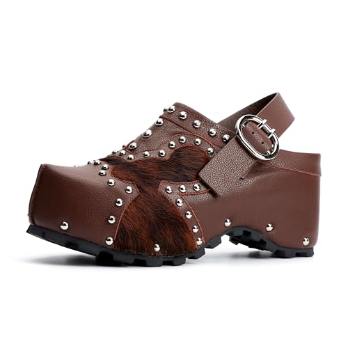 XOBZJH Plateau-Clogs für Damen mit Fußgewölbeunterstützung, natürliches Kalbshaar und Leder-Patchwork-Obermaterial, verstellbarer Riemen, Lederfutter, Slip-On-Pantoletten für Plattfüße von XOBZJH