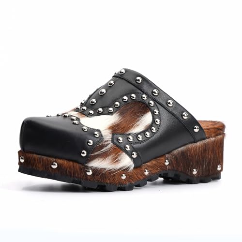 XOBZJH Plateau-Clogs im Vintage-Stil für Damen mit Fußgewölbeunterstützung – natürliches Kalbshaar und Leder-Patchwork-Obermaterial, Ledergefütterte Slip-On-Pantoletten für ganztägigen Komfort von XOBZJH