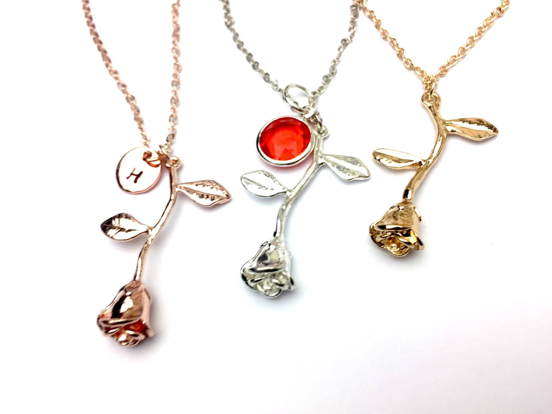 Rose Halskette Personalisiertes Geschenk Roségold Mit Geburtsstein Initiale Beauty & The Beast Custom Valentines Für Frauen von XOCustomJewelryGifts