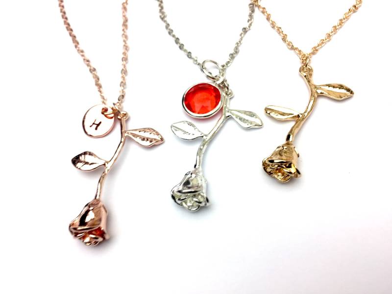 Rose Halskette Personalisiertes Geschenk Roségold Mit Geburtsstein Initiale Beauty & The Beast Custom Valentines Für Frauen von XOCustomJewelryGifts